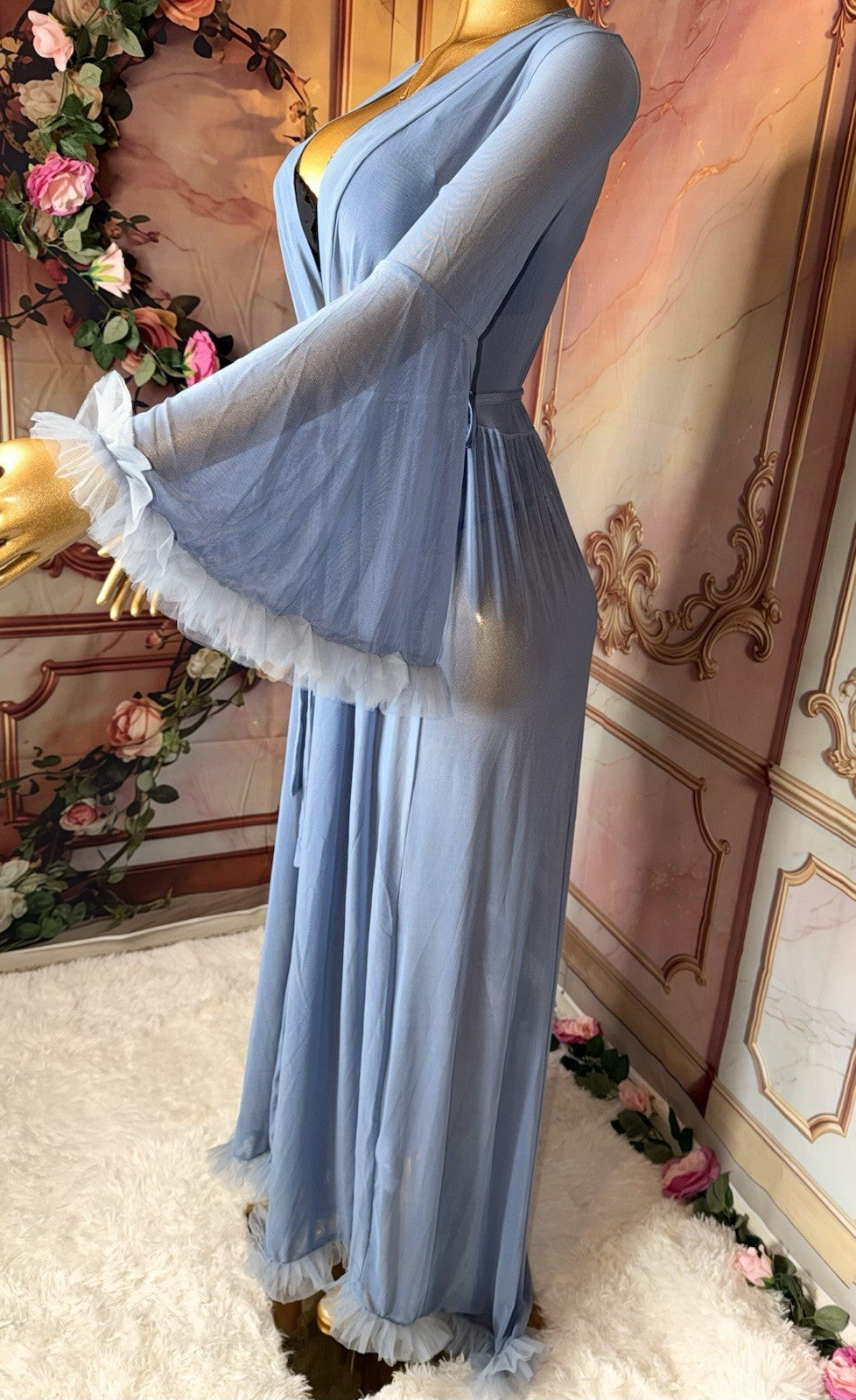 Women’s Blue Sheer Chiffon Kimono Robe V-Neck Tie Waist Ruffle Trim M