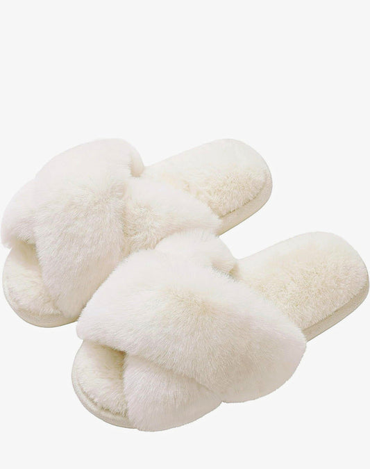 White Plush Faux Fur Cross-Band Memory Foam Slippers – Cozy & Luxe
