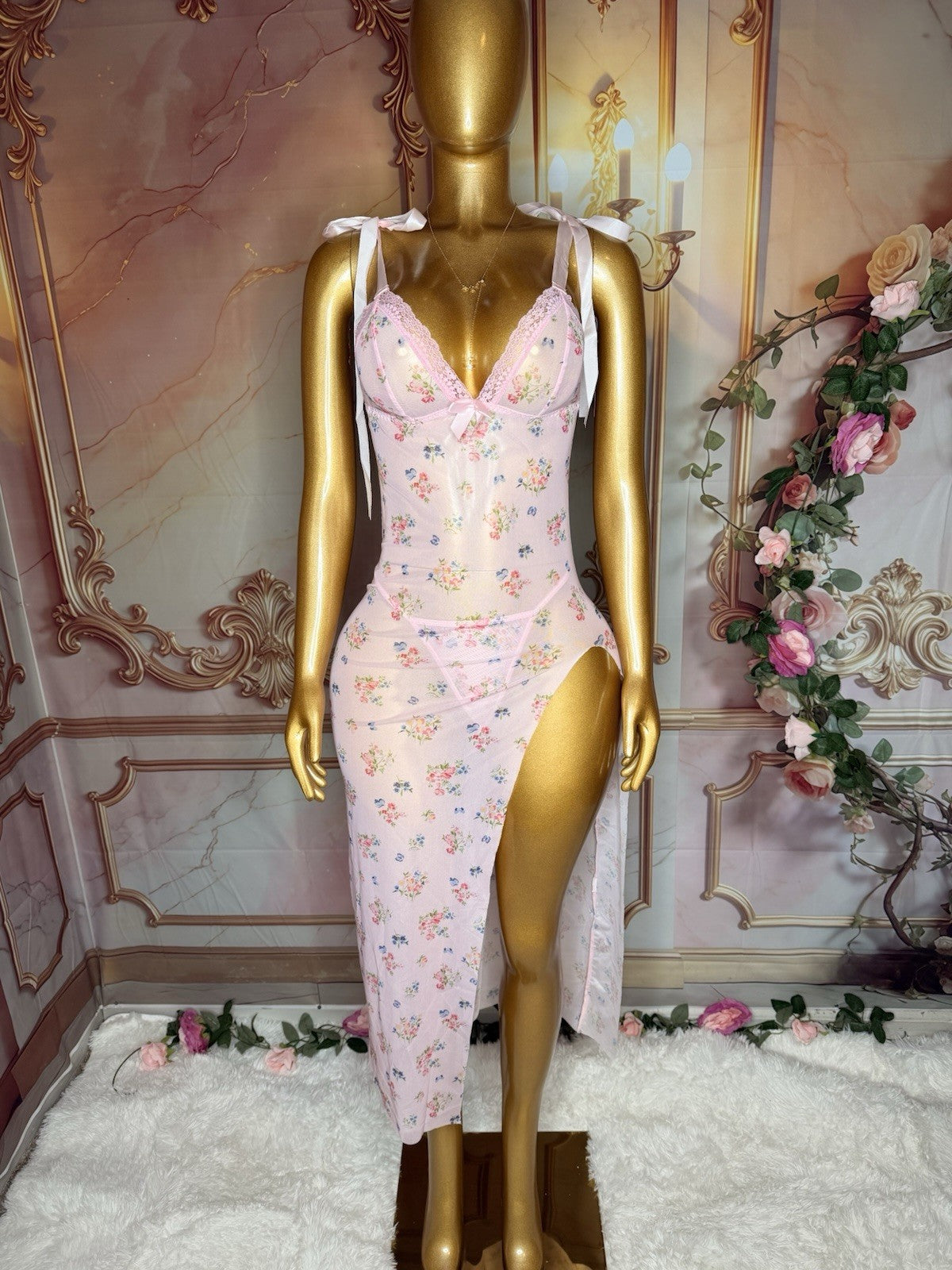 Blush Romance Floral Sheer Lace Gown & Matching Thong Set