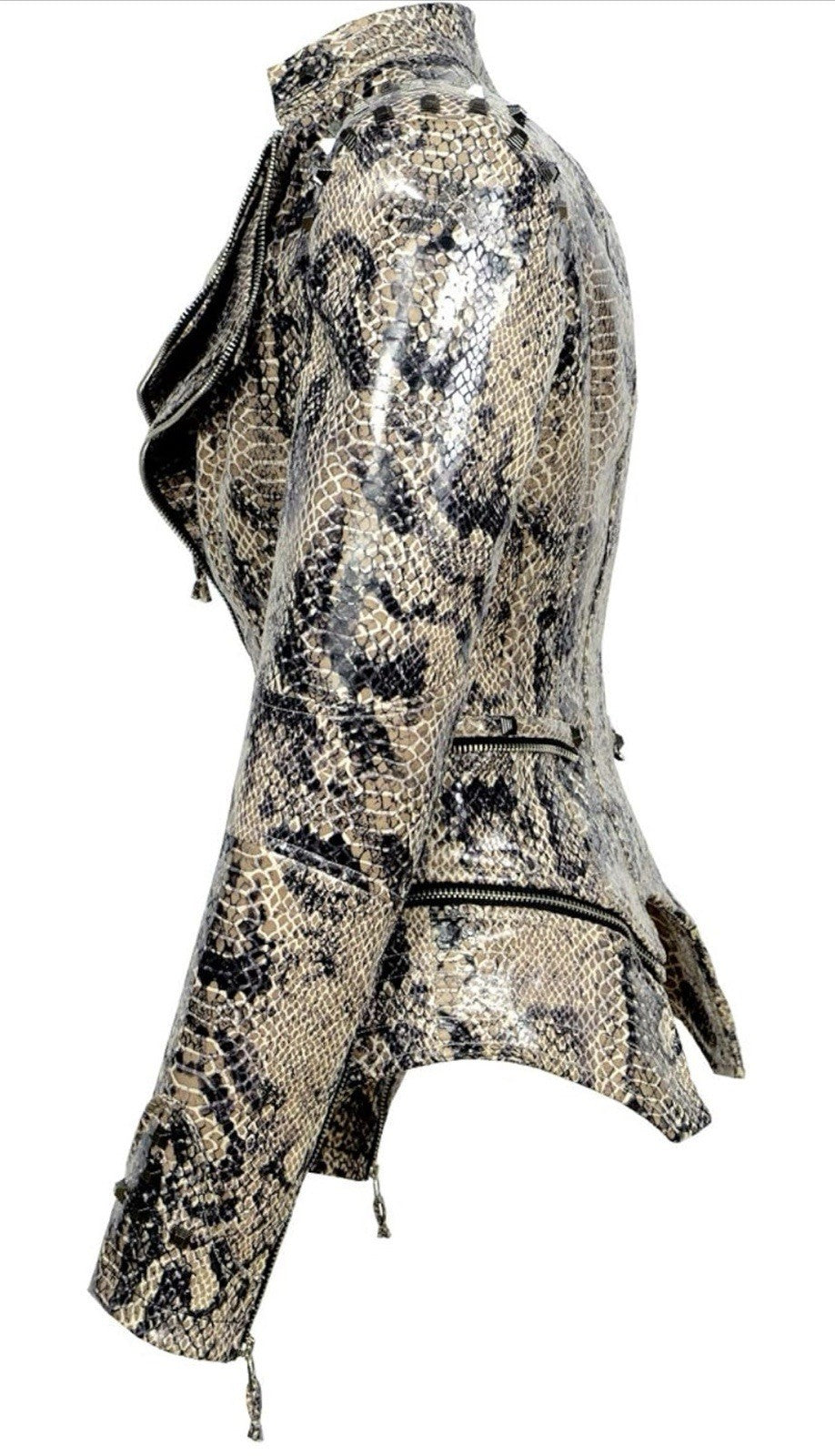 Women’s Snakeskin Faux Leather Moto Jacket – Fitted Studded Biker Jacket