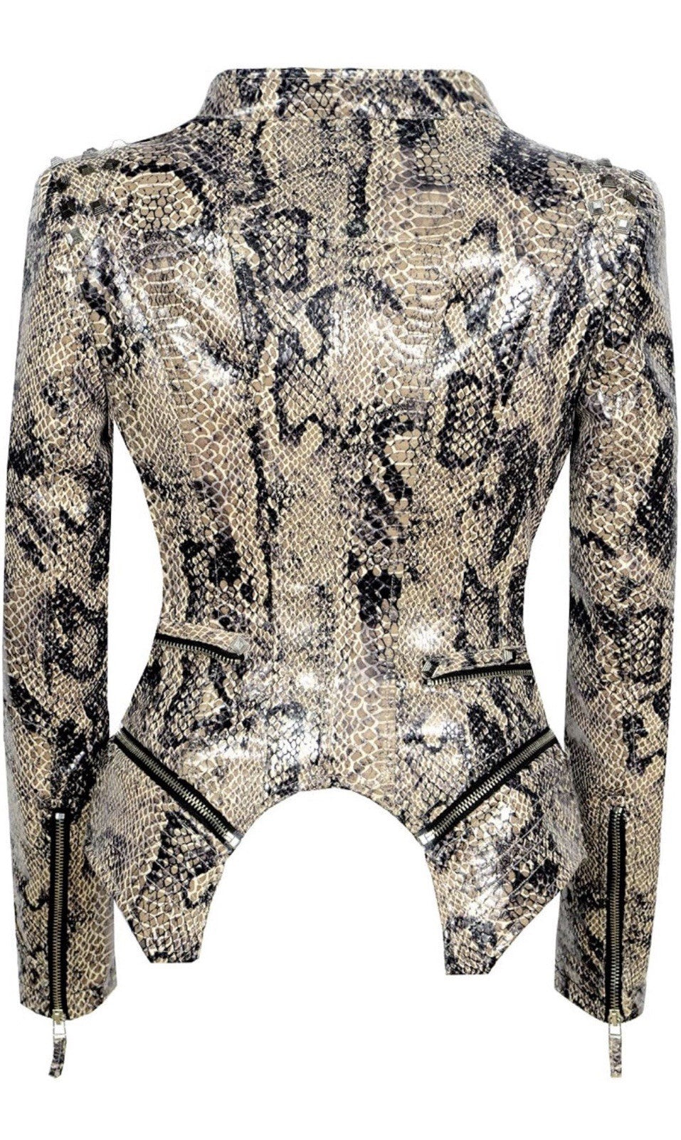 Women’s Snakeskin Faux Leather Moto Jacket – Fitted Studded Biker Jacket