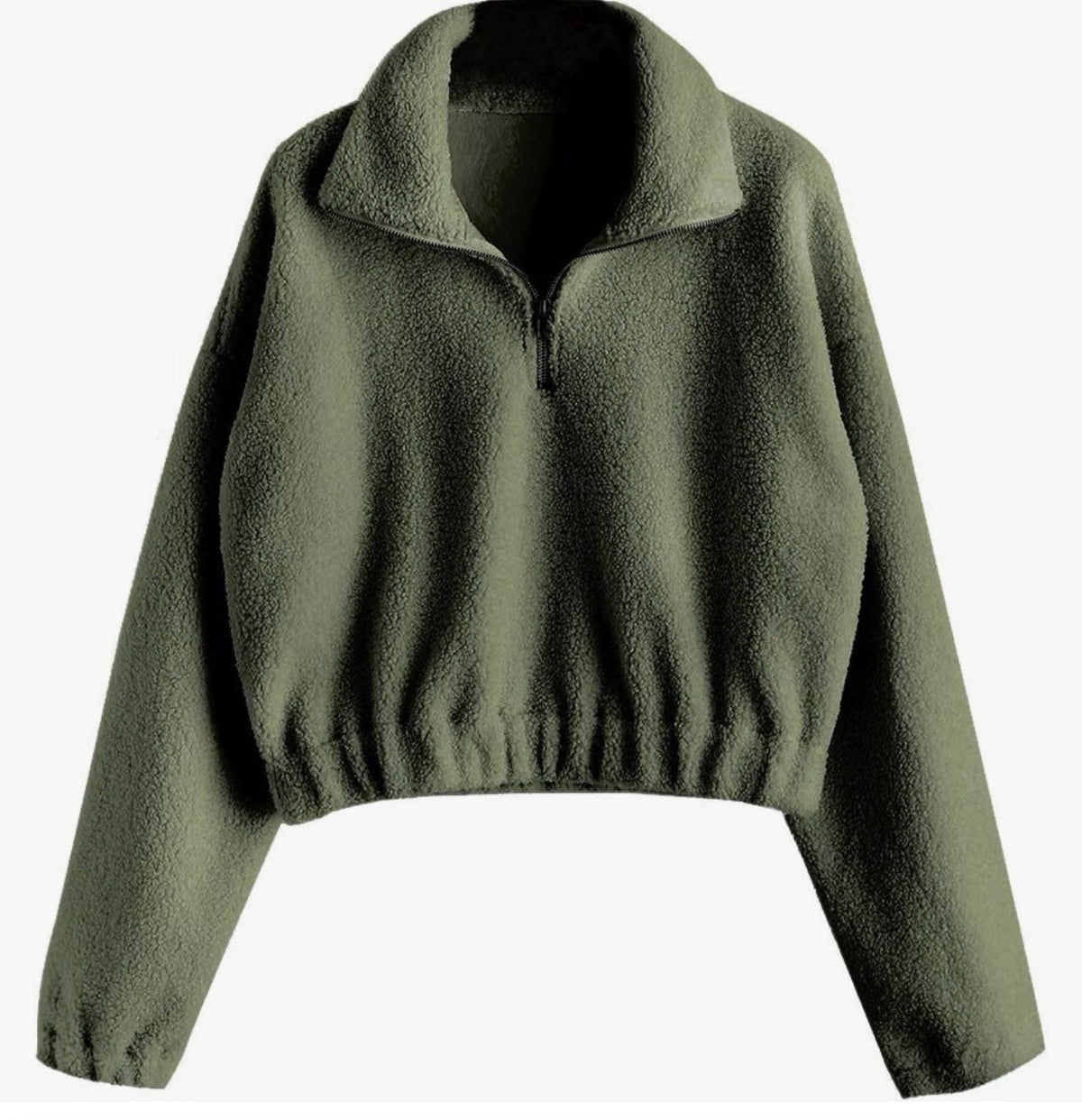 (XL) Comfy Army Green Teddy Fleece Cropped Half-Zip Pullover – Cozy Chic