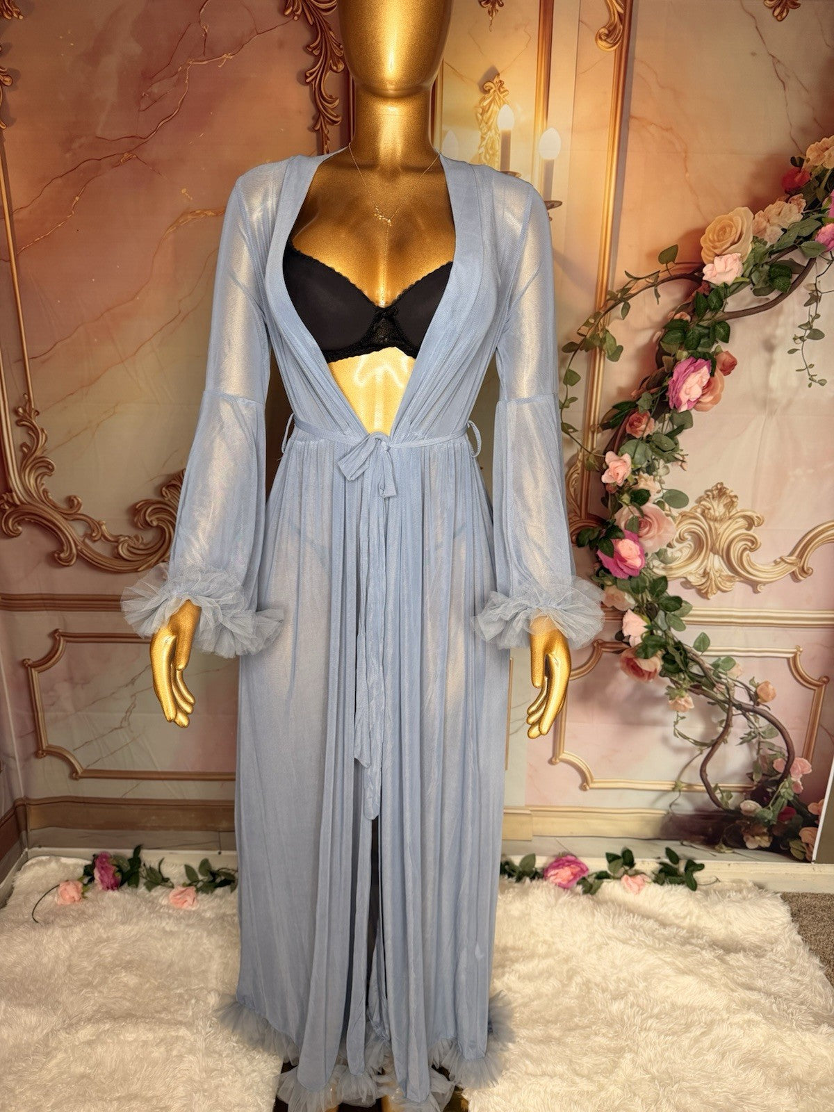 Women’s Blue Sheer Chiffon Kimono Robe V-Neck Tie Waist Ruffle Trim M