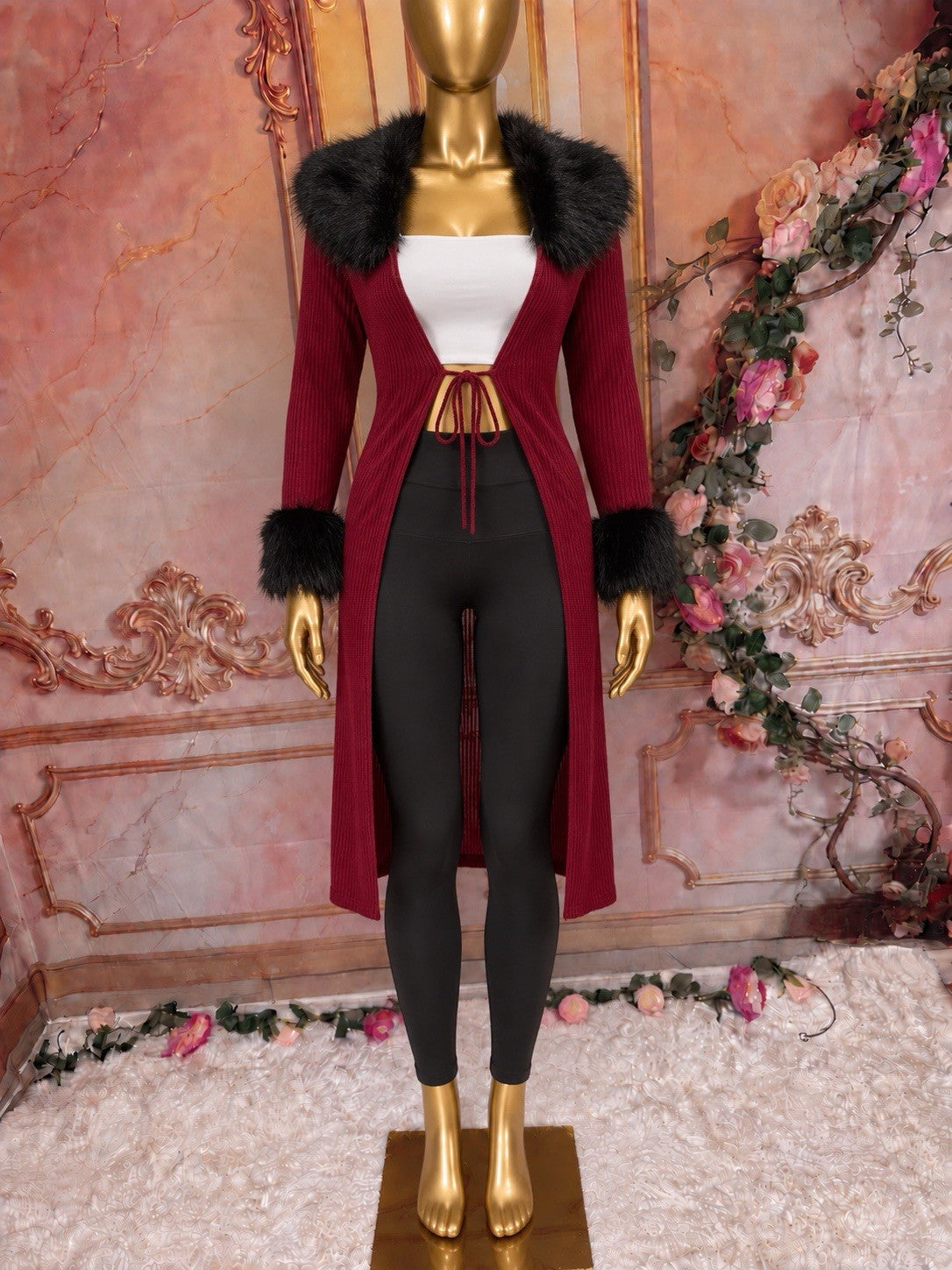 (M)Burgundy Red & Black Faux Fur Trim Long Cardigan – Y2K Tie-Front Duster