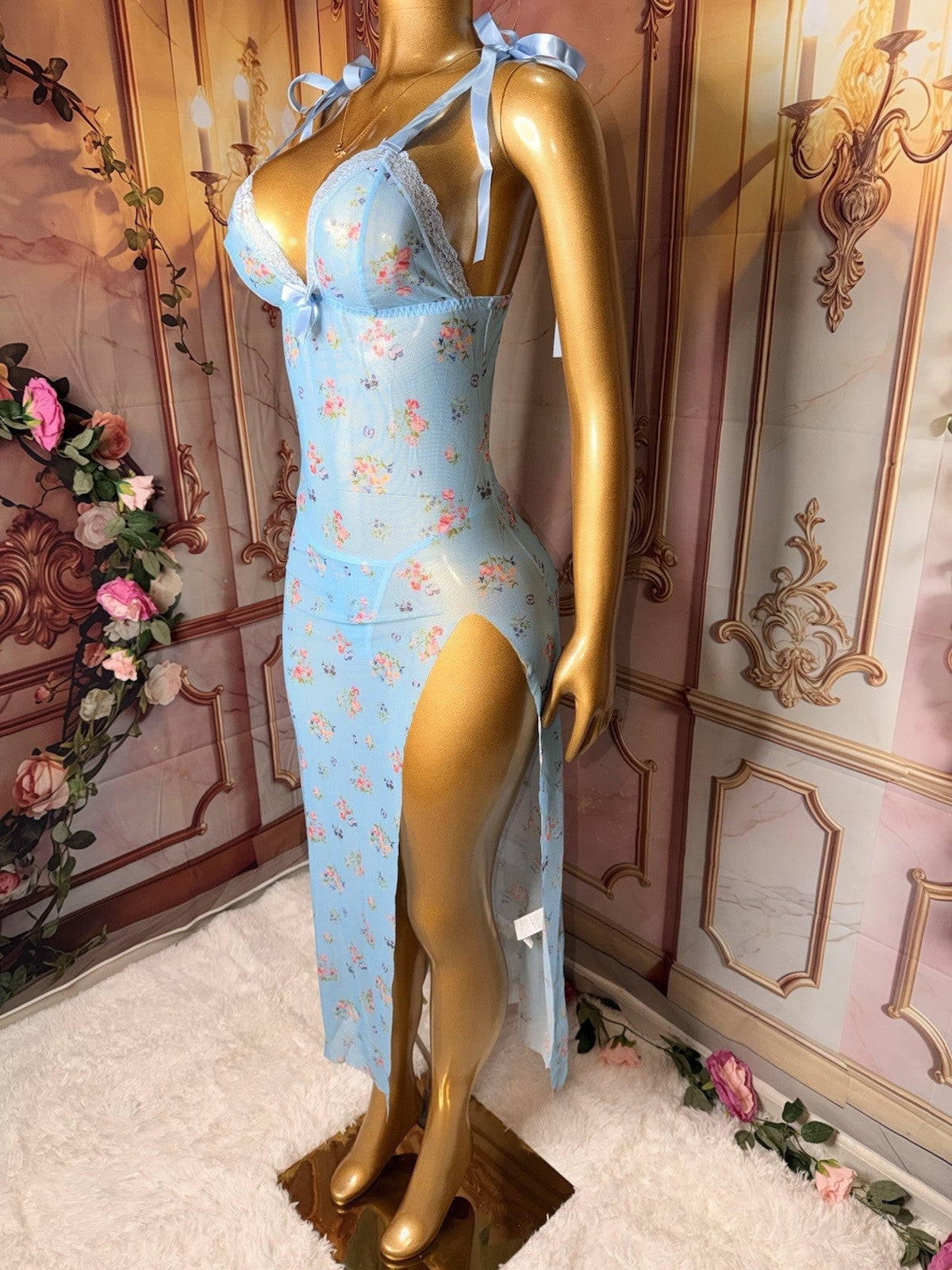 Blue Belle Floral Sheer Lace Gown & Matching Underwear Set