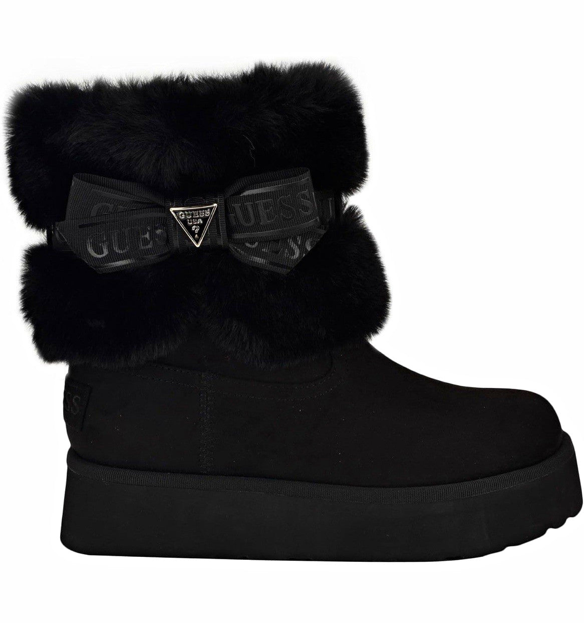 GUESS Black Ankle Bootie Faux Fur Trim Logo Bow Platform Round Toe Sz 8