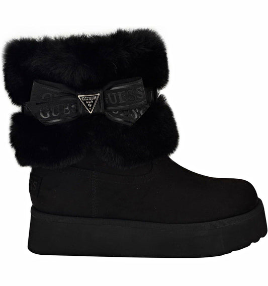 GUESS Black Ankle Bootie Faux Fur Trim Logo Bow Platform Round Toe Sz 8