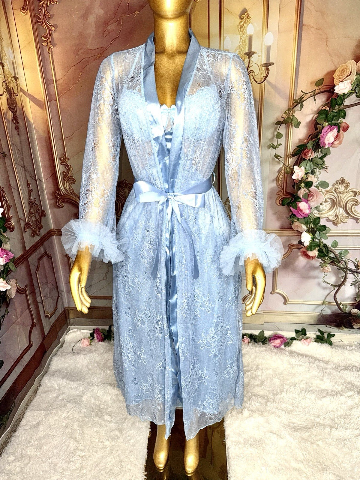 Romantic Baby Blue Satin Gown & Lace Robe Lingerie Set – Size M