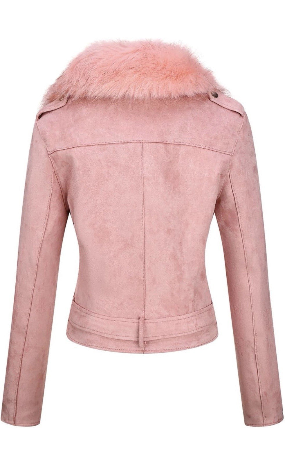 Blush Pink Faux Suede Moto Jacket with Plush Faux Fur Collar