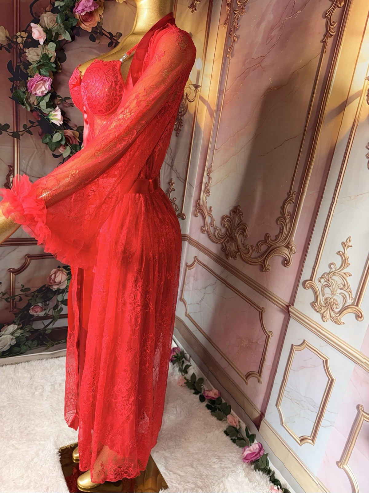Romantic Red Satin Gown & Lace Robe Lingerie Set – Size M