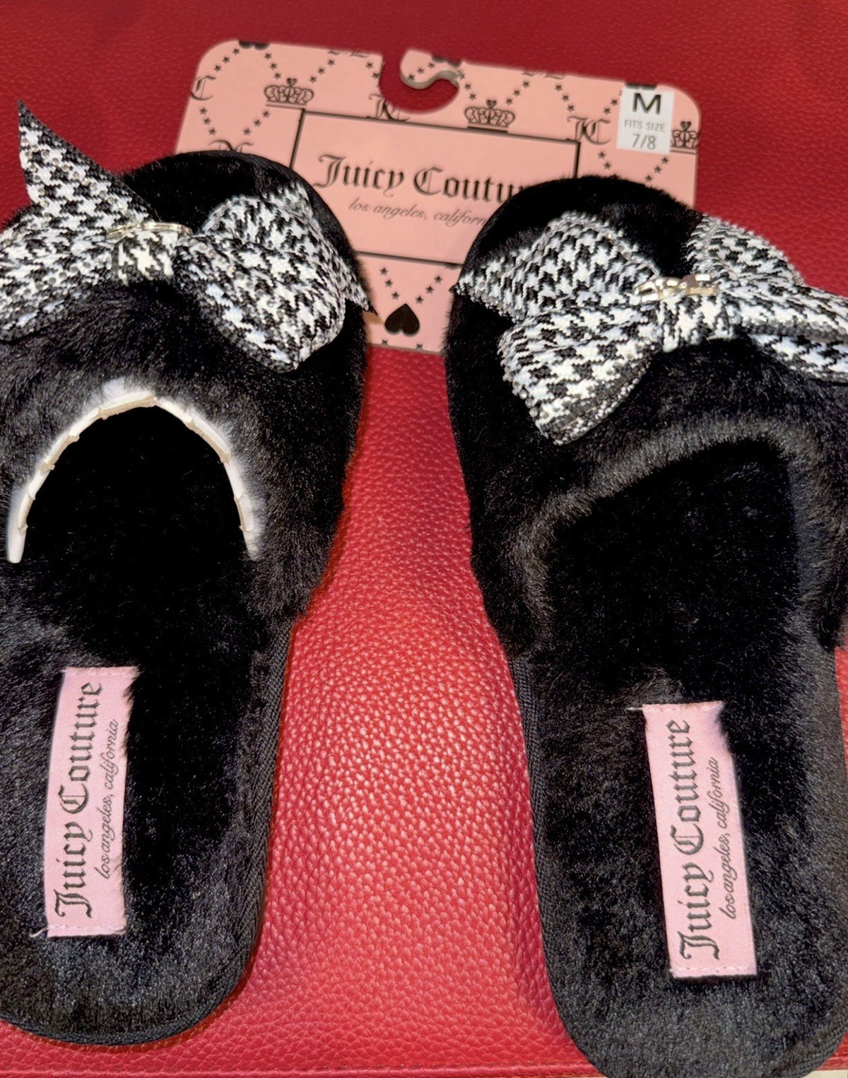 Juicy Couture Black Plush Houndstooth Bow Slippers – Women’s M 7/8 NWT