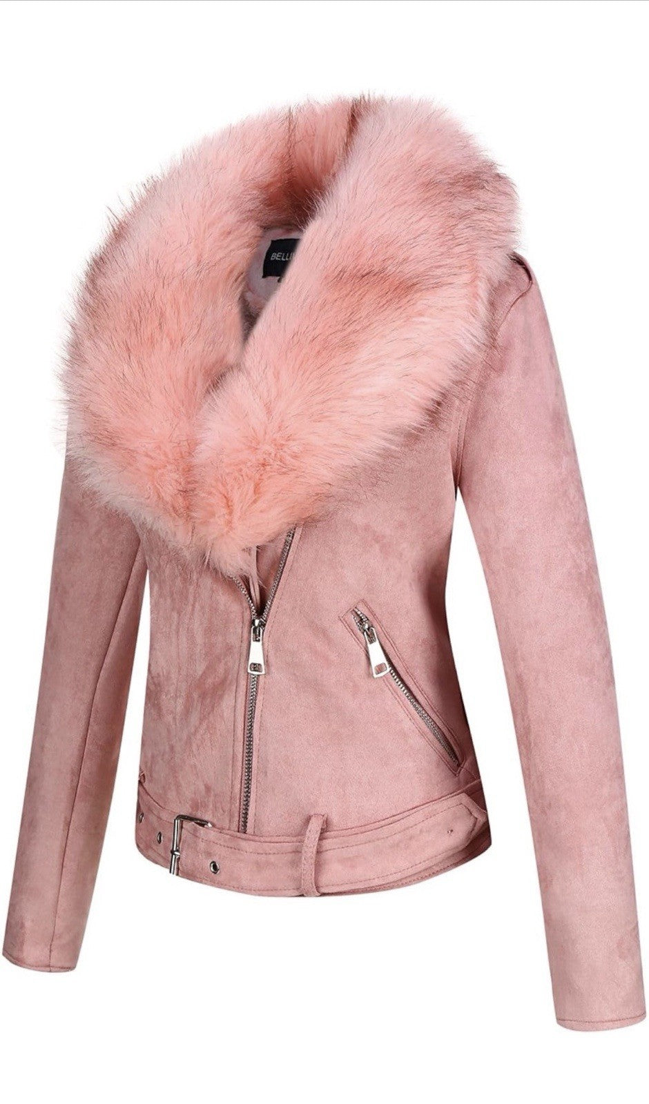 Blush Pink Faux Suede Moto Jacket with Plush Faux Fur Collar