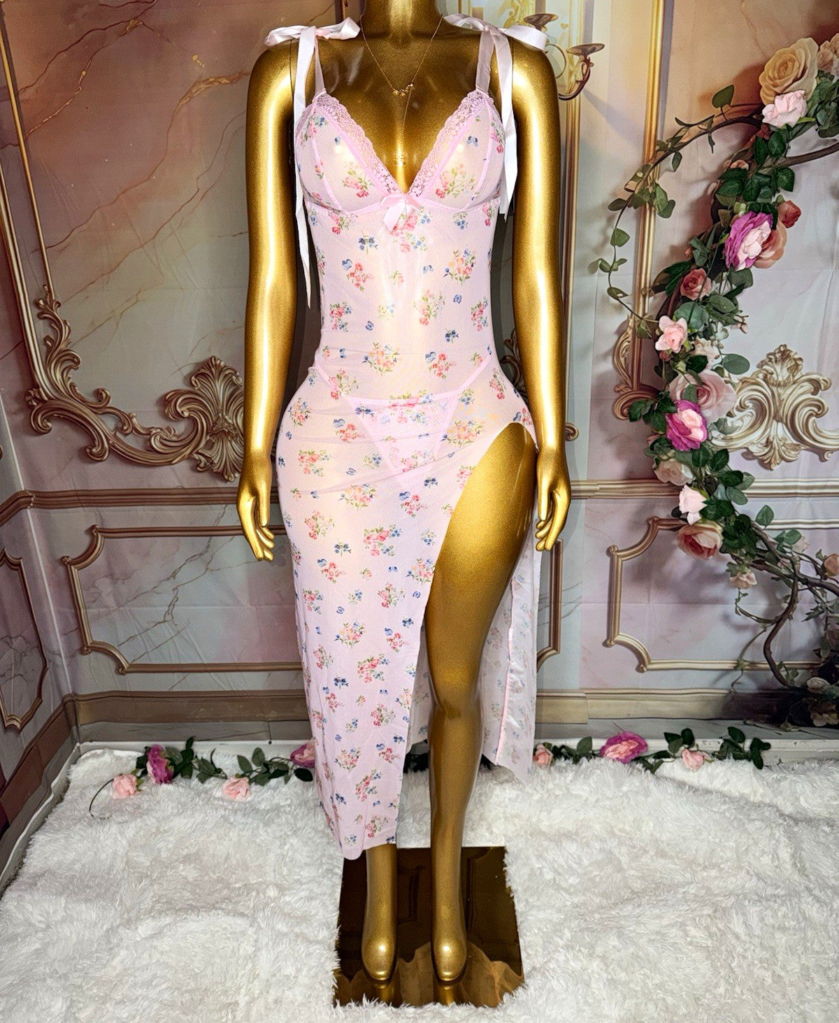 Blush Romance Floral Sheer Lace Gown & Matching Thong Set