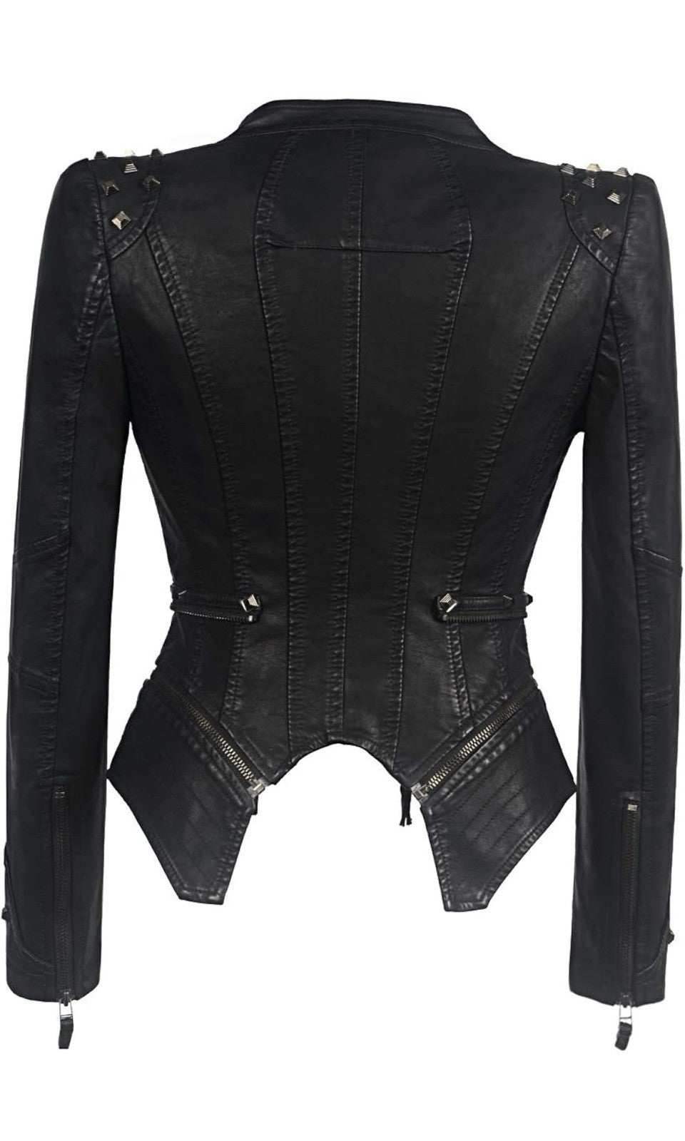 Women’s Black Studded Faux Leather Moto Jacket – Fitted Double-Zip Biker Jacket