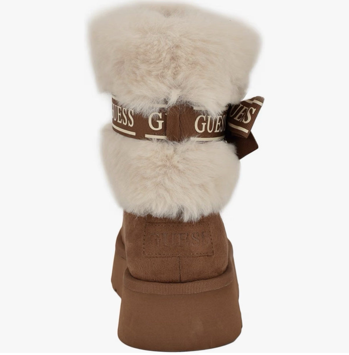 GUESS Denla Brown Platform Boots 🤎 Cream Faux Fur & Logo Bows – Size 8