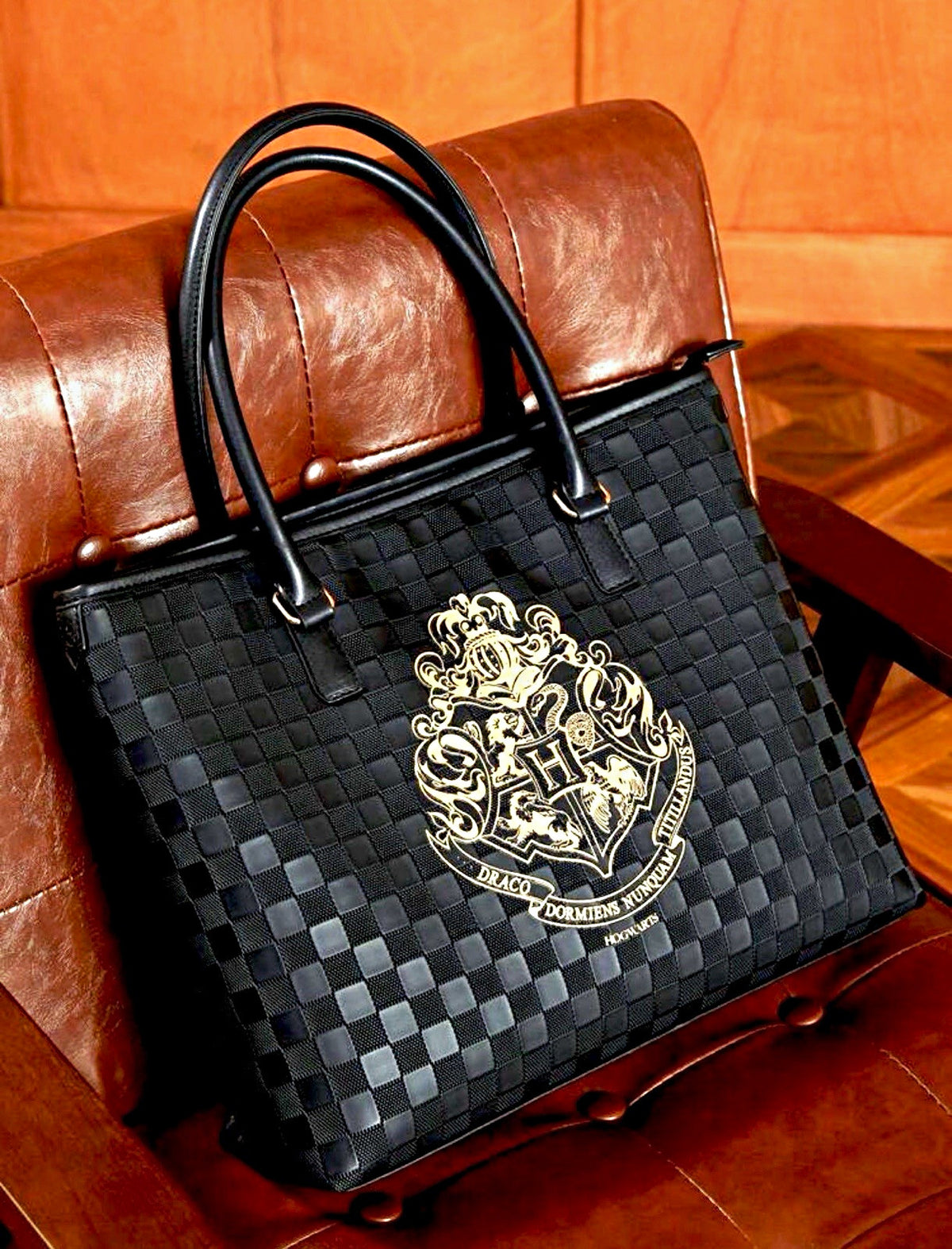 Hogwarts Harry Potter Black Checkered Tote Bag with Gold Crest & H Charm