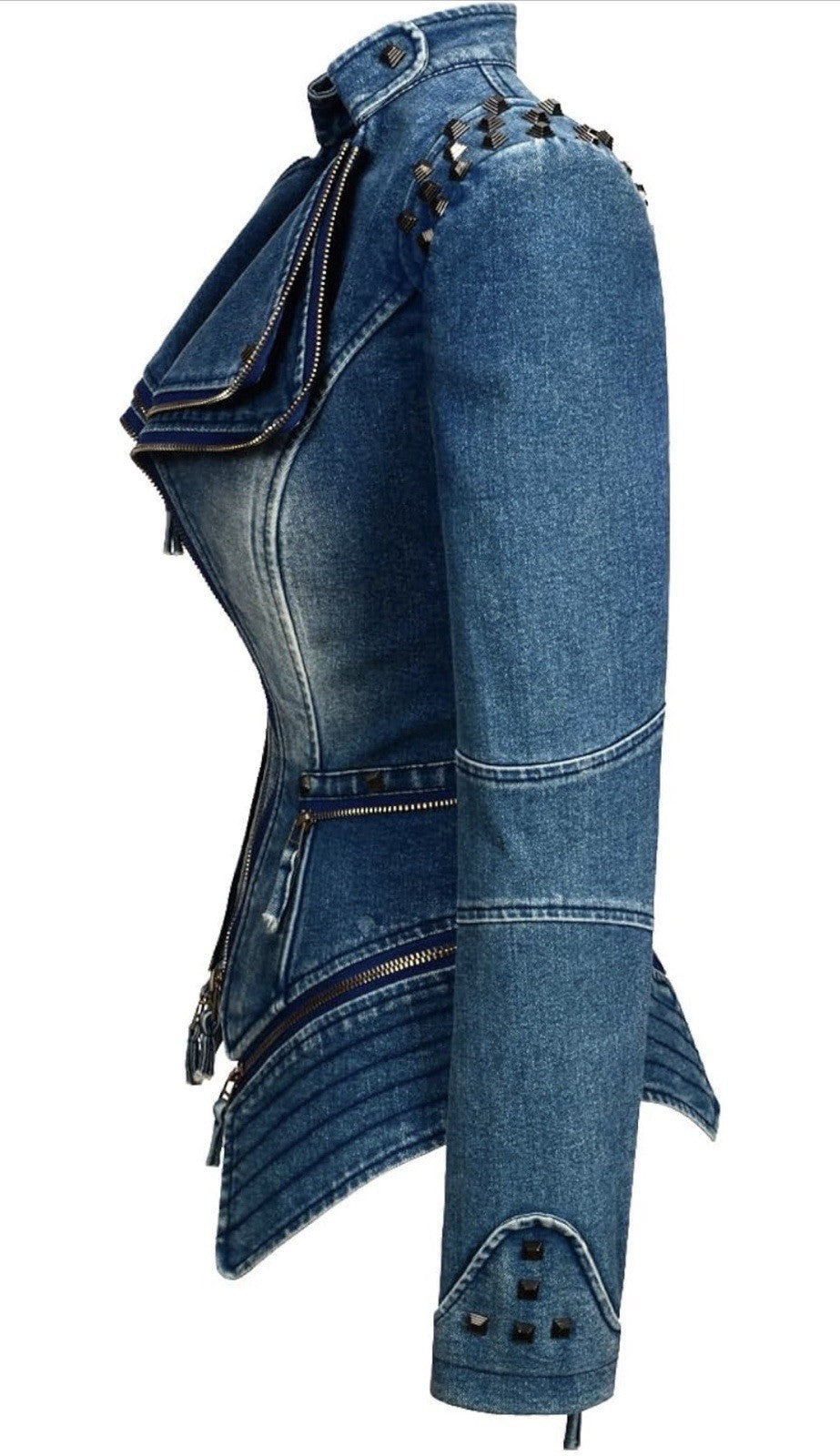 Women’s Studded Denim Moto Jacket – Fitted Double-Zip Y2K Biker Jacket