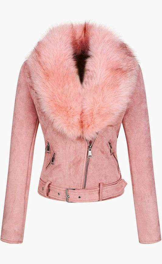 Blush Pink Faux Suede Moto Jacket with Plush Faux Fur Collar