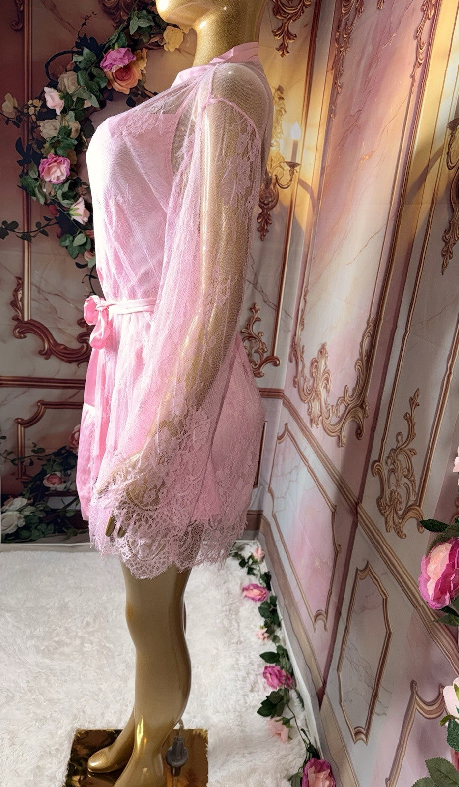 Blush Elegance Pink Satin Slip Gown & Sheer Floral Lace Robe Set