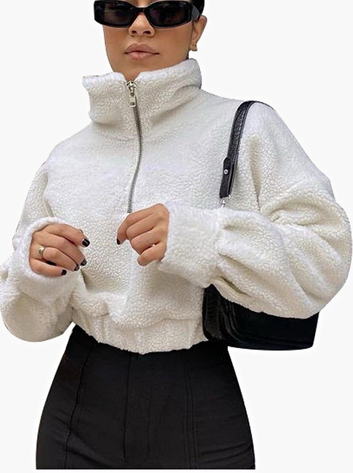 White Teddy Fleece Cropped Half-Zip Pullover – Cozy Chic Sweater(XL)